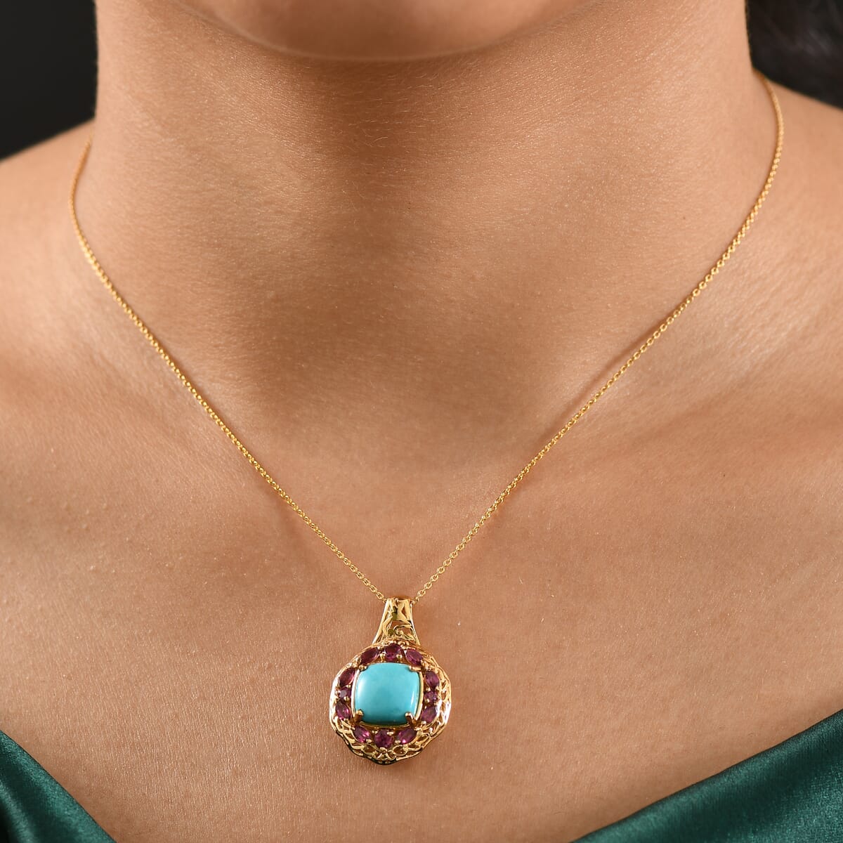 D'Joy Premium Sleeping Beauty Turquoise, Orissa Rhodolite Garnet 4.75 ctw Twilight Bloom Pendant Necklace 20 Inches in 18K Vermeil Yellow Gold Over Sterling Silver   image number 2