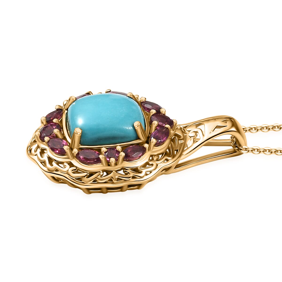 D'Joy Premium Sleeping Beauty Turquoise, Orissa Rhodolite Garnet 4.75 ctw Twilight Bloom Pendant Necklace 20 Inches in 18K Vermeil Yellow Gold Over Sterling Silver   image number 3