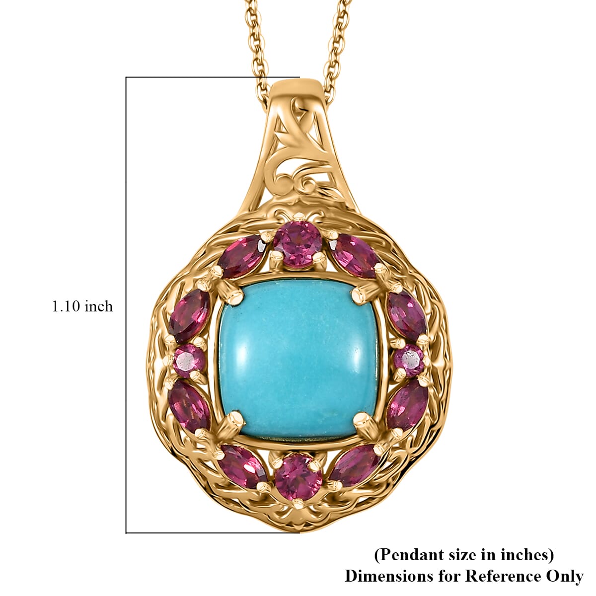 D'Joy Premium Sleeping Beauty Turquoise, Orissa Rhodolite Garnet 4.75 ctw Twilight Bloom Pendant Necklace 20 Inches in 18K Vermeil Yellow Gold Over Sterling Silver   image number 6
