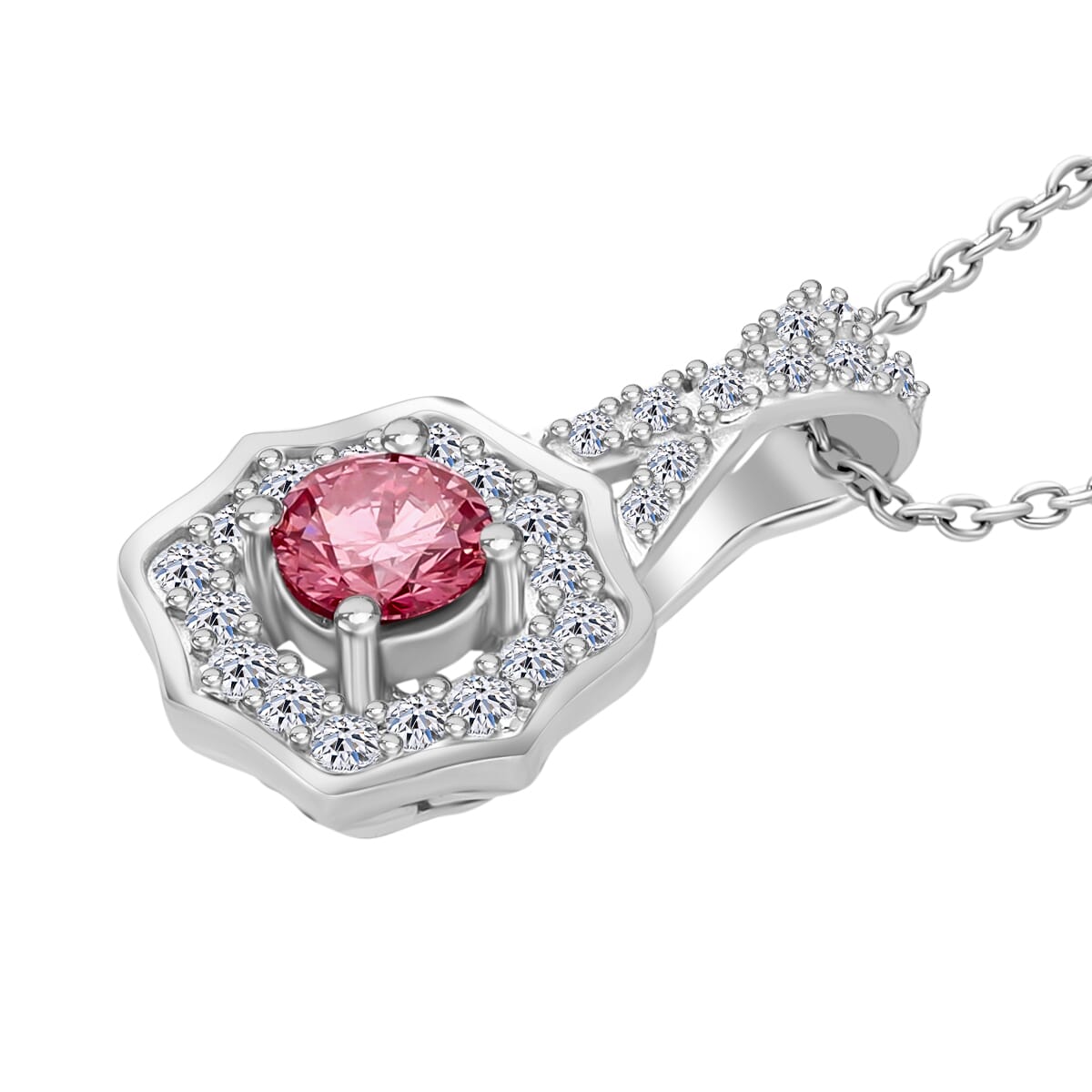 Luxuriant Lab Grown Pink and White Diamond VS 0.50 ctw Art Deco Pendant Necklace in Rhodium Over Sterling Silver 20 Inches image number 2