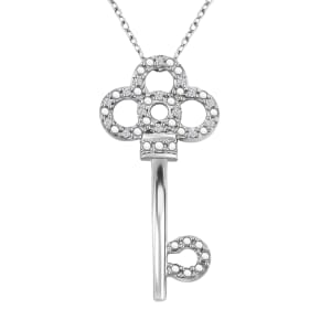 Diamond 0.10 ctw Key Pendant Necklace in Rhodium Over Sterling Silver 18 Inches