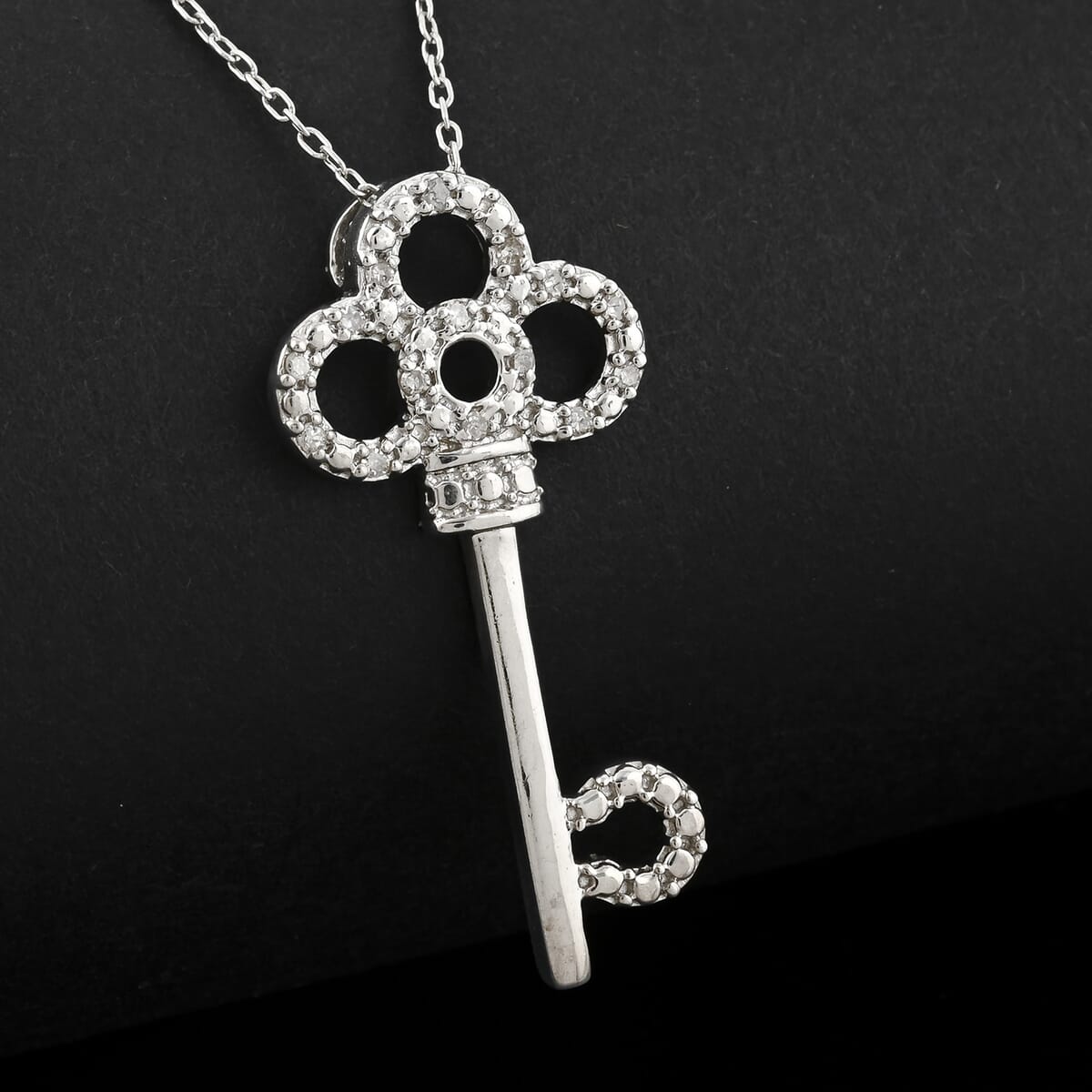 Diamond 0.10 ctw Key Pendant Necklace in Rhodium Over Sterling Silver 18 Inches image number 1