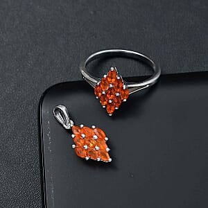 Fire Opal 1.16 ctw Ring (Size 10) and Pendant in Rhodium Over Sterling Silver