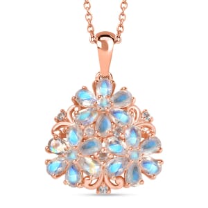 Karis Moon Glow Moonstone, White Zircon 5.40 ctw Lunar Garden Floral Pendant in 18K RG Plated with ION Plated RG Stainless Steel Necklace 20 Inches