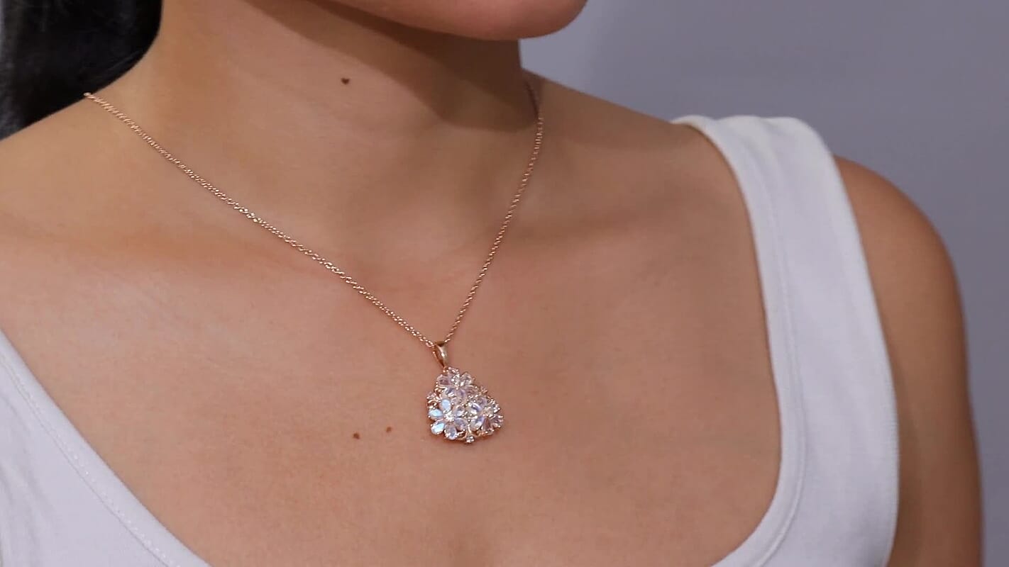 Karis Moon Glow Moonstone, White Zircon 5.40 ctw Lunar Garden Floral Pendant in 18K RG Plated with ION Plated RG Stainless Steel Necklace 20 Inches