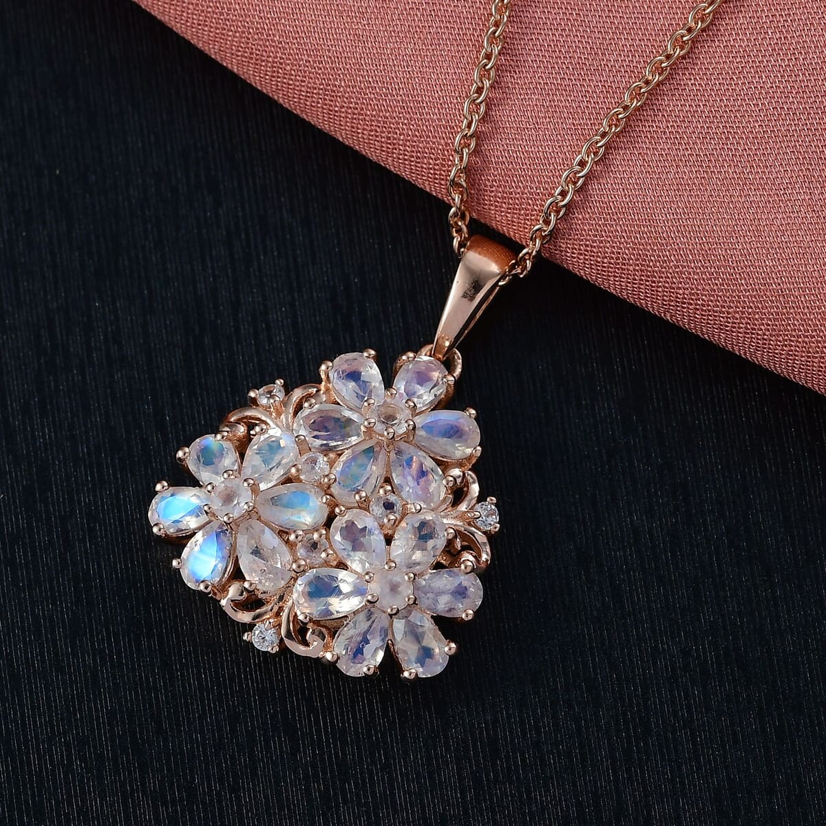 Karis Moon Glow Moonstone, White Zircon 5.40 ctw Lunar Garden Floral Pendant in 18K RG Plated with ION Plated RG Stainless Steel Necklace 20 Inches image number 1