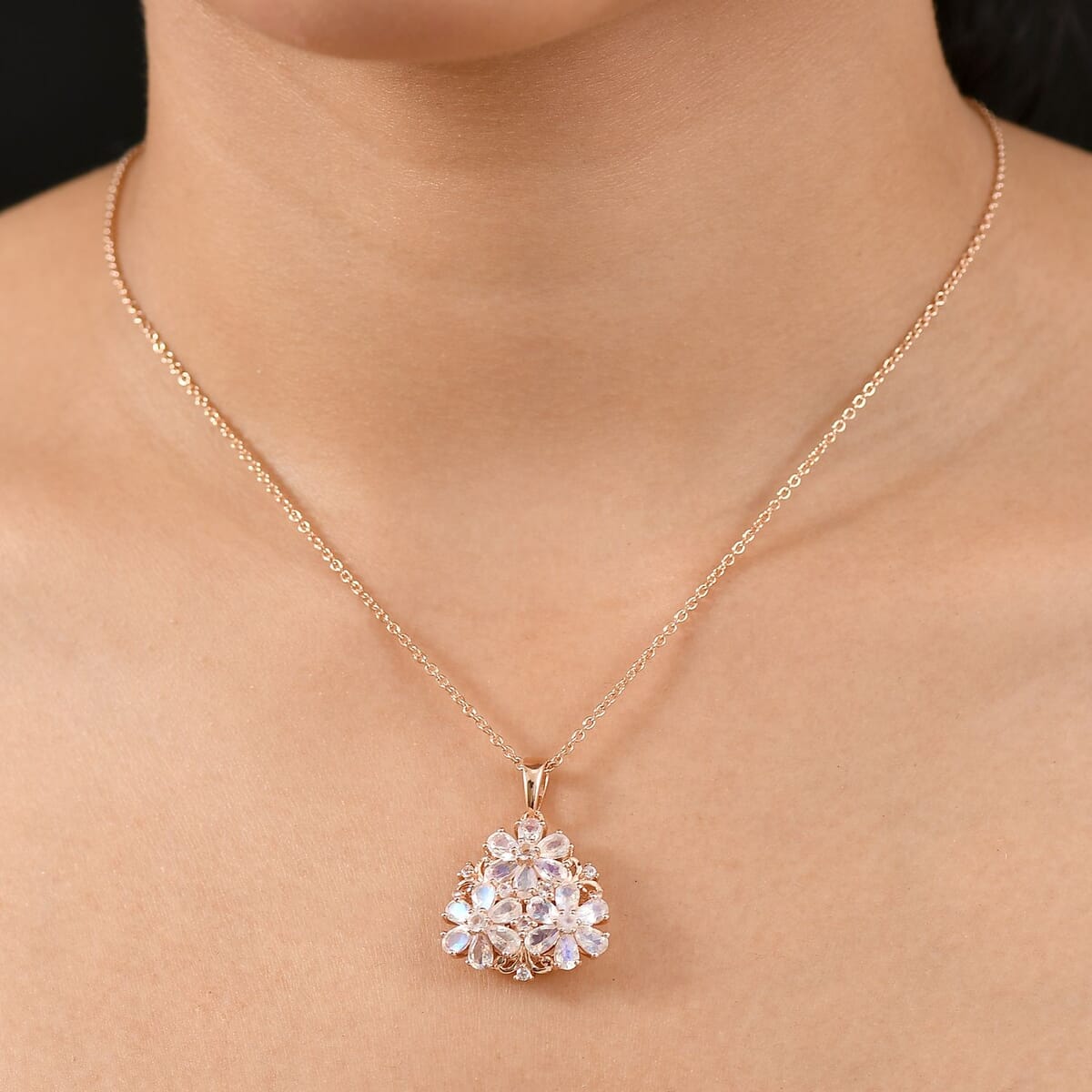 Karis Moon Glow Moonstone, White Zircon 5.40 ctw Lunar Garden Floral Pendant in 18K RG Plated with ION Plated RG Stainless Steel Necklace 20 Inches image number 2