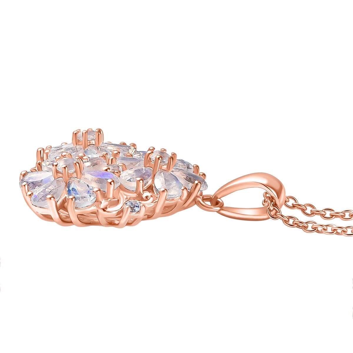 Karis Moon Glow Moonstone, White Zircon 5.40 ctw Lunar Garden Floral Pendant in 18K RG Plated with ION Plated RG Stainless Steel Necklace 20 Inches image number 3