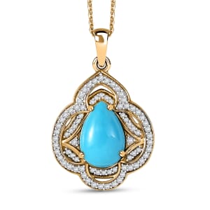 D'Joy Premium Sleeping Beauty Turquoise, Moissanite Royal Bloom 4.40 ctw Pendant Necklace 20 Inches in 18K Vermeil Yellow Gold Over Sterling Silver 
