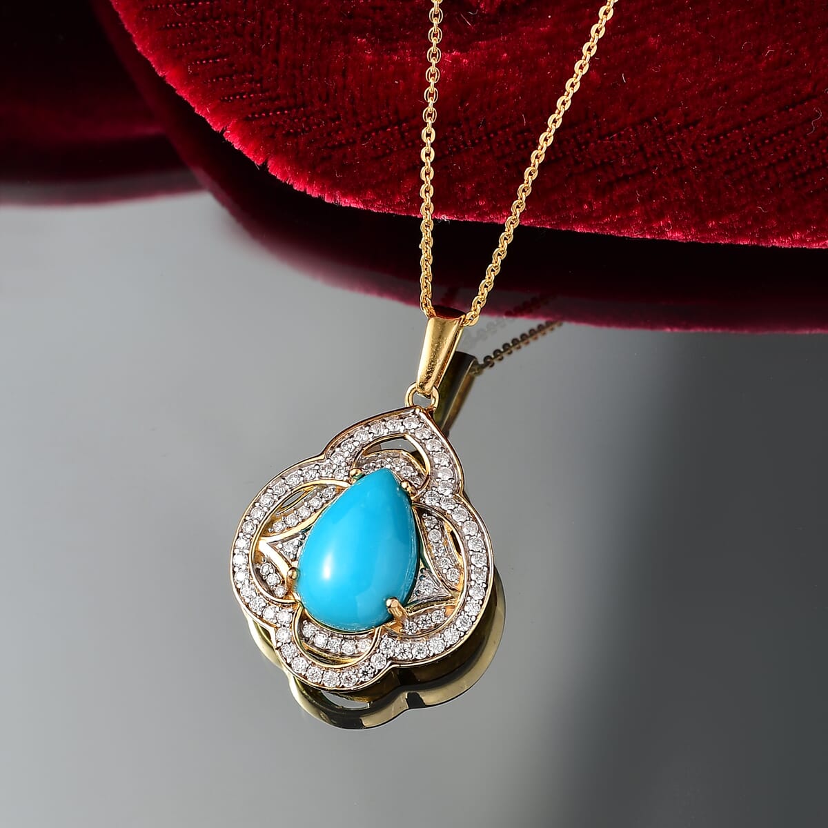 D'Joy Premium Sleeping Beauty Turquoise, Moissanite Royal Bloom 4.40 ctw Pendant Necklace 20 Inches in 18K Vermeil Yellow Gold Over Sterling Silver  image number 1