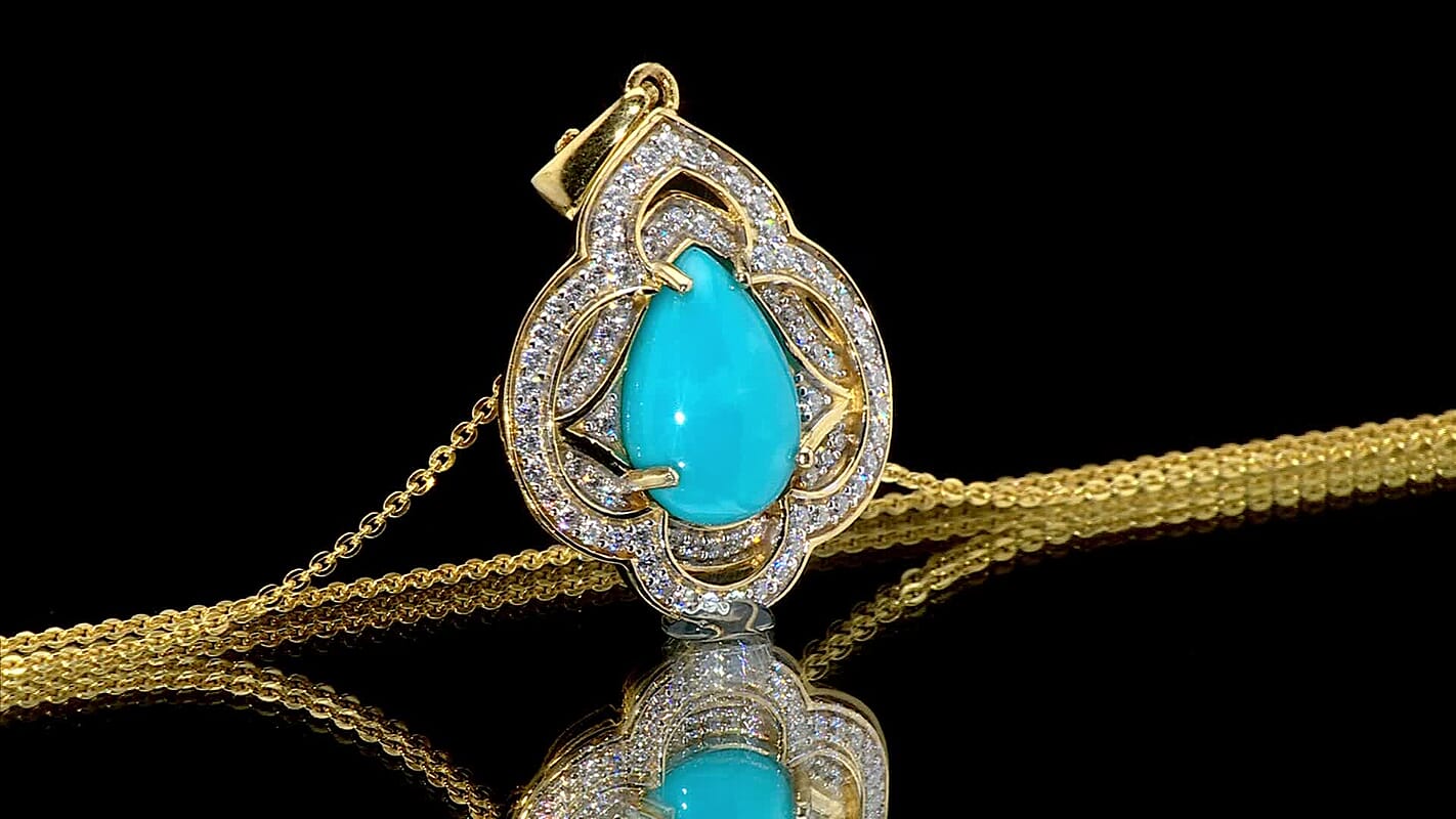 D'Joy Premium Sleeping Beauty Turquoise, Moissanite Royal Bloom 4.40 ctw Pendant Necklace 20 Inches in 18K Vermeil Yellow Gold Over Sterling Silver