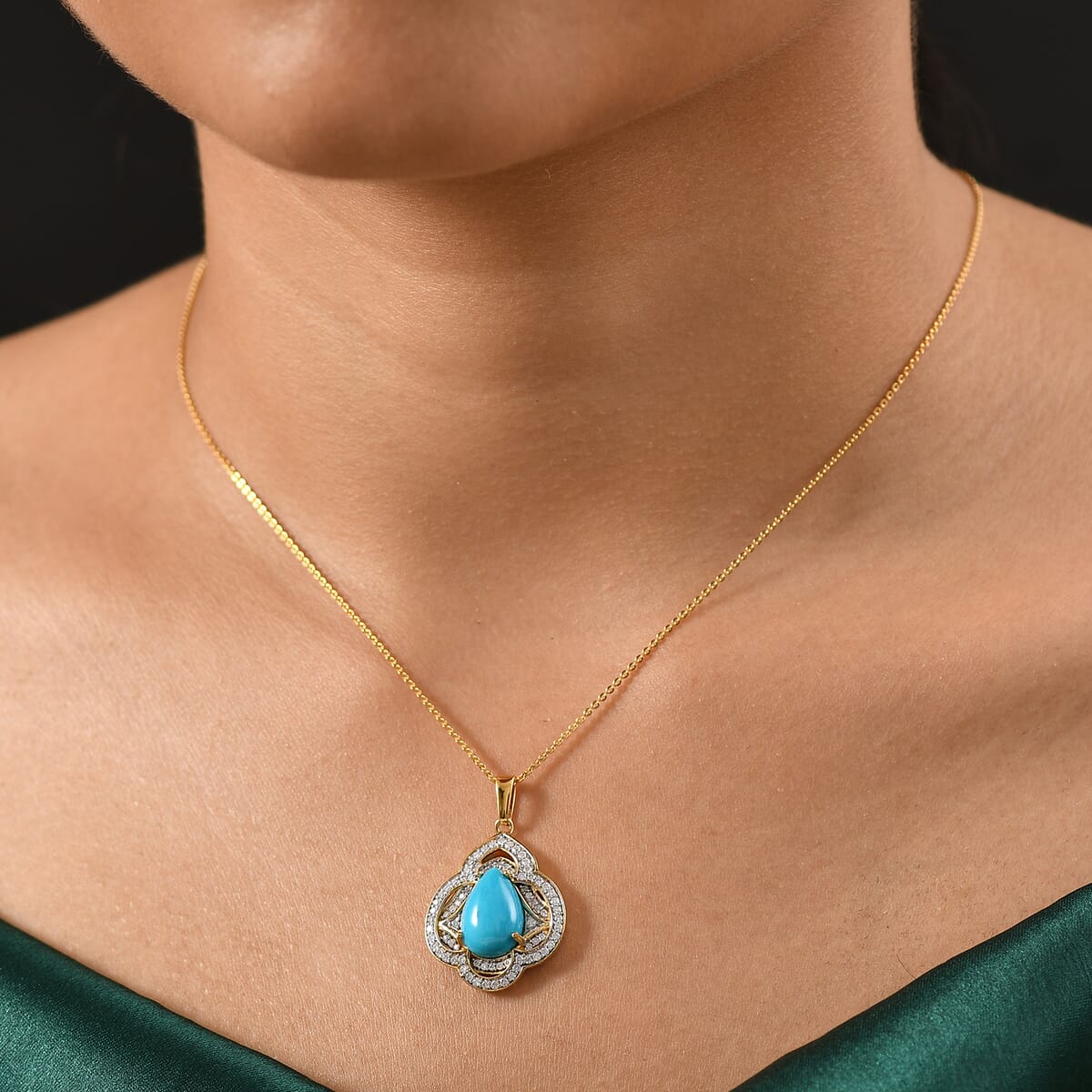 D'Joy Premium Sleeping Beauty Turquoise, Moissanite Royal Bloom 4.40 ctw Pendant Necklace 20 Inches in 18K Vermeil Yellow Gold Over Sterling Silver  image number 2