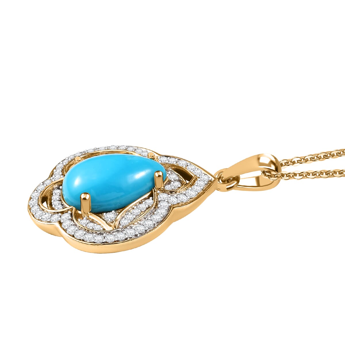 D'Joy Premium Sleeping Beauty Turquoise, Moissanite Royal Bloom 4.40 ctw Pendant Necklace 20 Inches in 18K Vermeil Yellow Gold Over Sterling Silver  image number 3