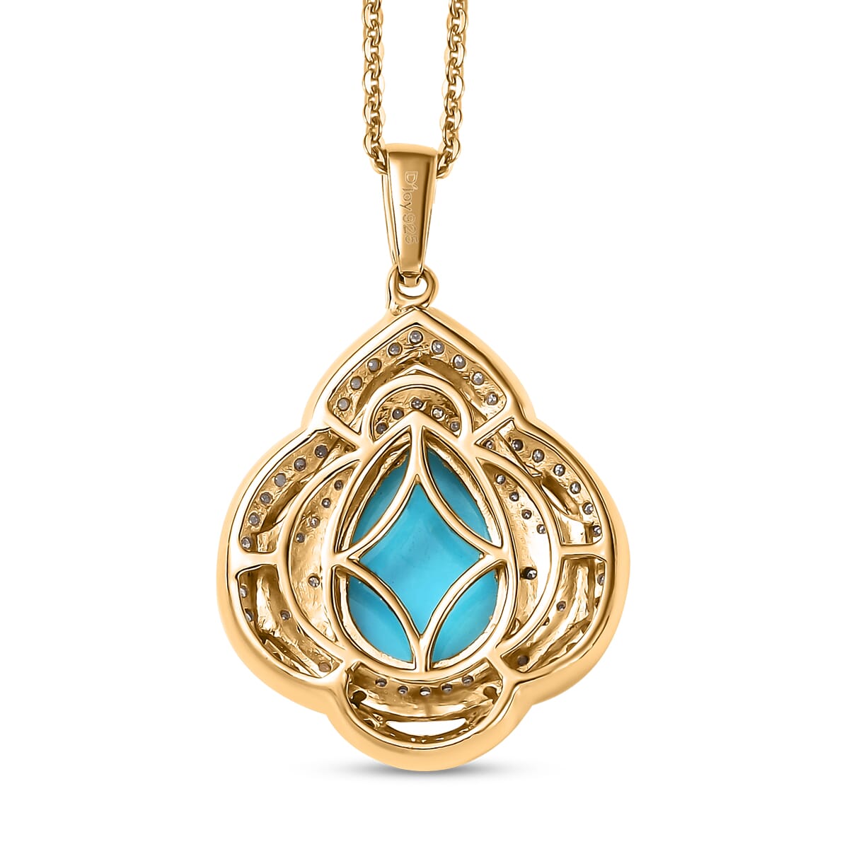 D'Joy Premium Sleeping Beauty Turquoise, Moissanite Royal Bloom 4.40 ctw Pendant Necklace 20 Inches in 18K Vermeil Yellow Gold Over Sterling Silver  image number 4