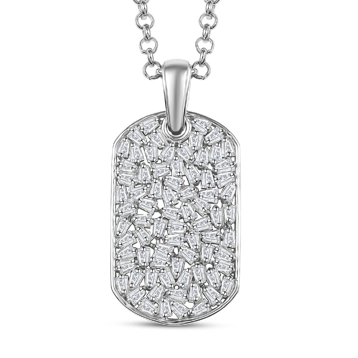 White Zircon 2.80 ctw Mens Dogtag Pendant Necklace in Rhodium Over Sterling Silver 24 Inches image number 0