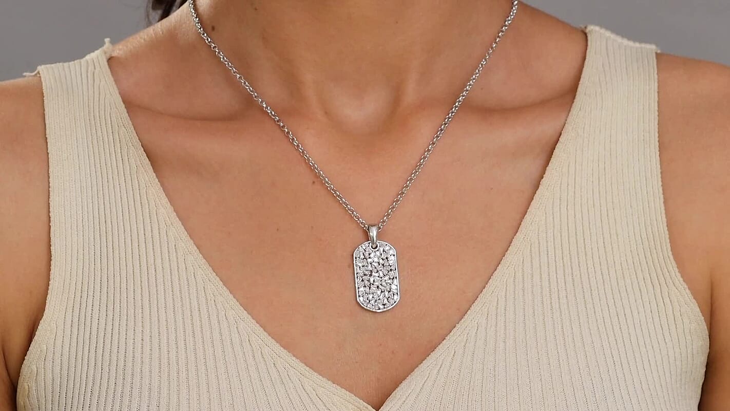 White Zircon 2.80 ctw Mens Dogtag Pendant Necklace in Rhodium Over Sterling Silver 24 Inches