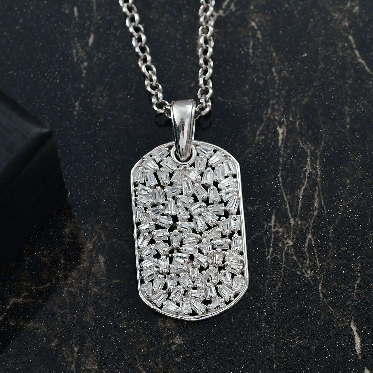 White Zircon 2.80 ctw Mens Dogtag Pendant Necklace in Rhodium Over Sterling Silver 24 Inches image number 1