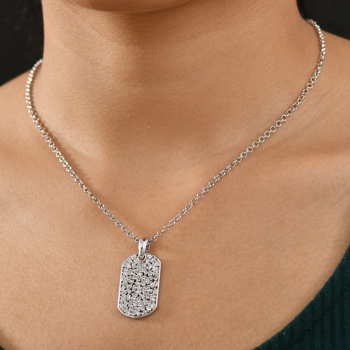 White Zircon 2.80 ctw Mens Dogtag Pendant Necklace in Rhodium Over Sterling Silver 24 Inches image number 2