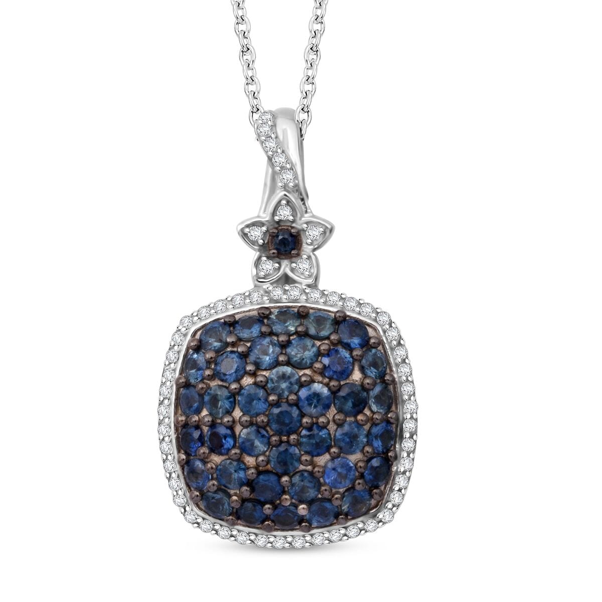 D'Joy Kanchanaburi Blue Sapphire and White Zircon 2.30 ctw Blush Blossom Pendant Necklace in Rhodium Over Sterling Silver 20 Inches image number 0