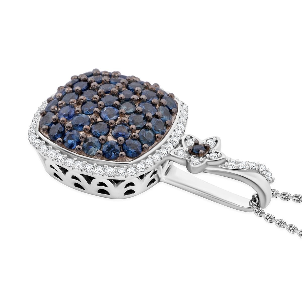D'Joy Kanchanaburi Blue Sapphire and White Zircon 2.30 ctw Blush Blossom Pendant Necklace in Rhodium Over Sterling Silver 20 Inches image number 3