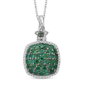Kagem Zambian Emerald and White Zircon 2.30 ctw Blush Blossom Pendant Necklace in Rhodium Over Sterling Silver 20 Inches