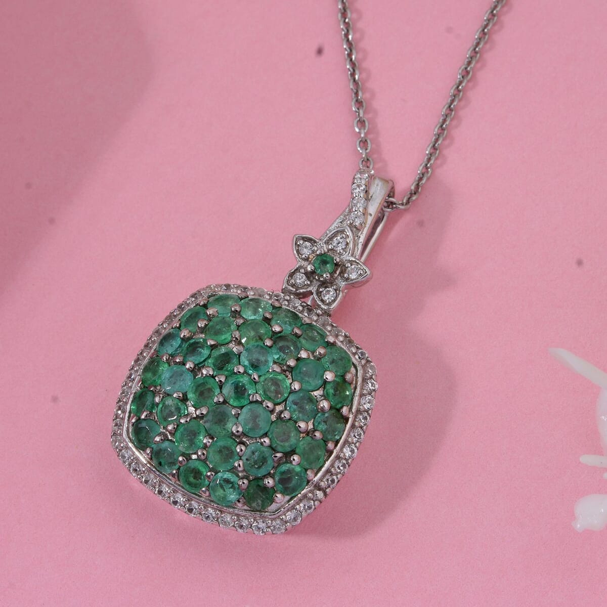 Kagem Zambian Emerald and White Zircon 2.30 ctw Blush Blossom Pendant Necklace in Rhodium Over Sterling Silver 20 Inches image number 1