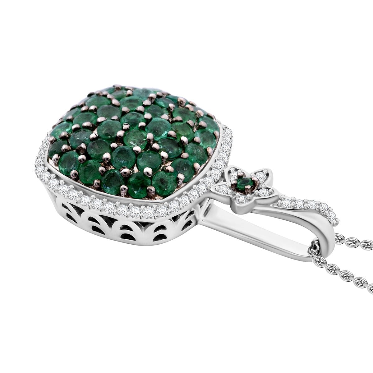 Kagem Zambian Emerald and White Zircon 2.30 ctw Blush Blossom Pendant Necklace in Rhodium Over Sterling Silver 20 Inches image number 3