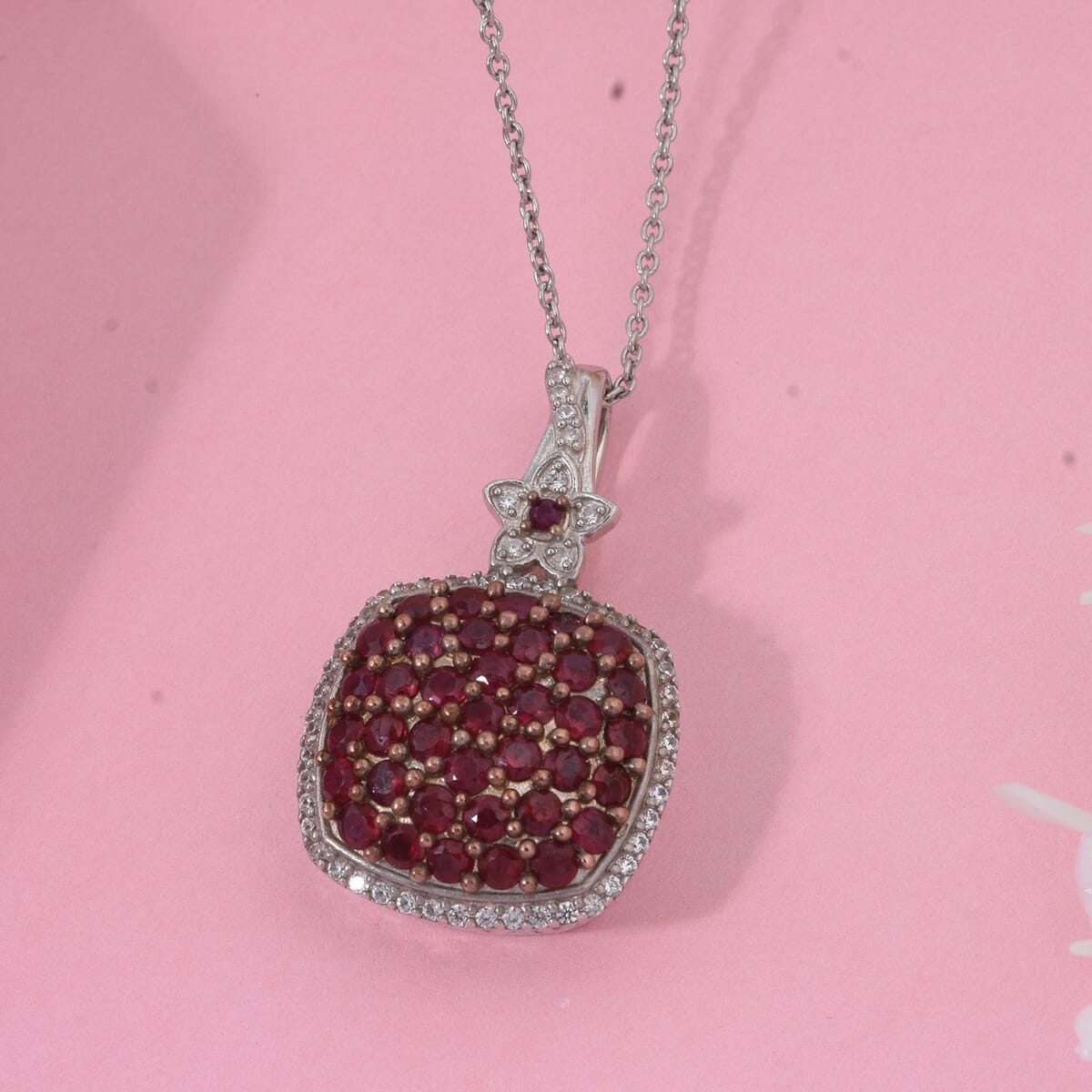 Mozambique Ruby and White Zircon 2.30 ctw Blush Blossom Pendant Necklace in Rhodium Over Sterling Silver 20 Inches image number 1