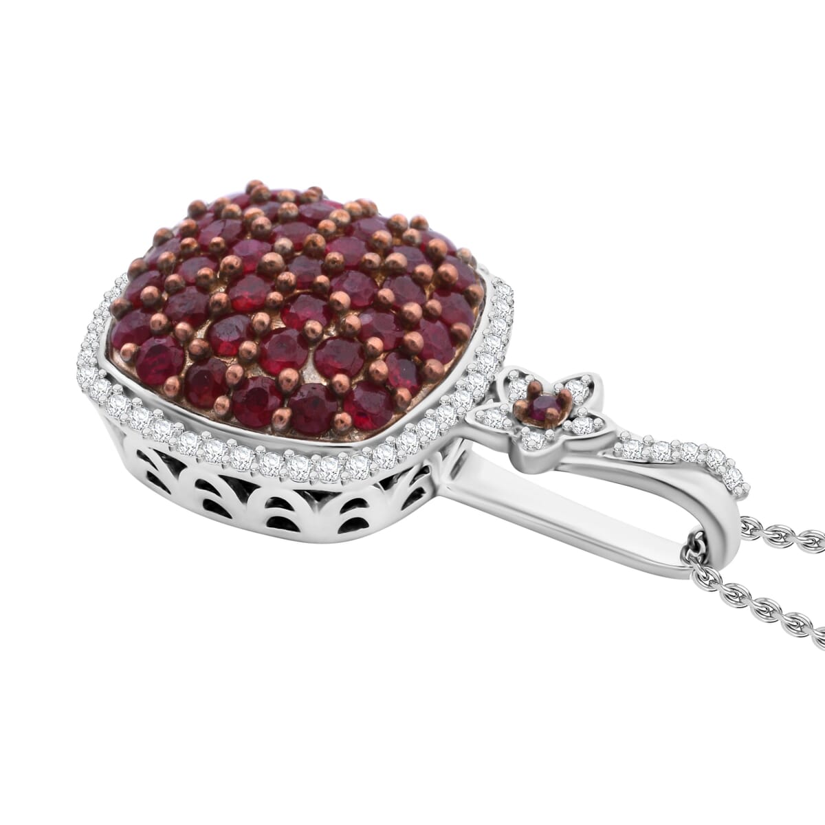Mozambique Ruby and White Zircon 2.30 ctw Blush Blossom Pendant Necklace in Rhodium Over Sterling Silver 20 Inches image number 3