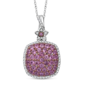 Madagascar Pink Sapphire and White Zircon 2.30 ctw Blush Blossom Pendant Necklace in Rhodium Over Sterling Silver 20 Inches