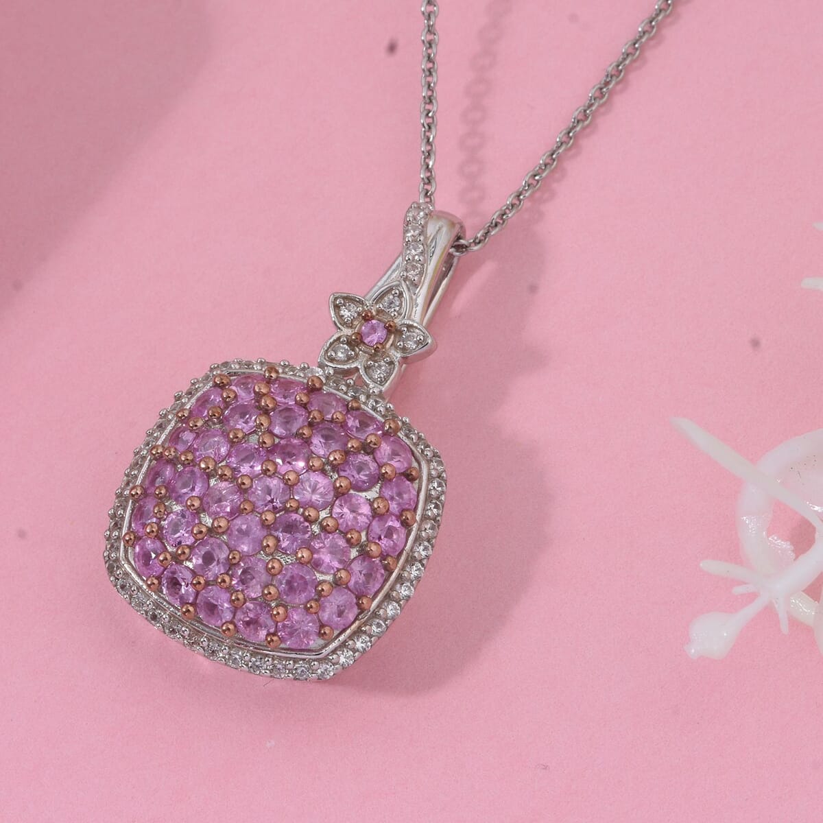 Madagascar Pink Sapphire and White Zircon 2.30 ctw Blush Blossom Pendant Necklace in Rhodium Over Sterling Silver 20 Inches image number 1