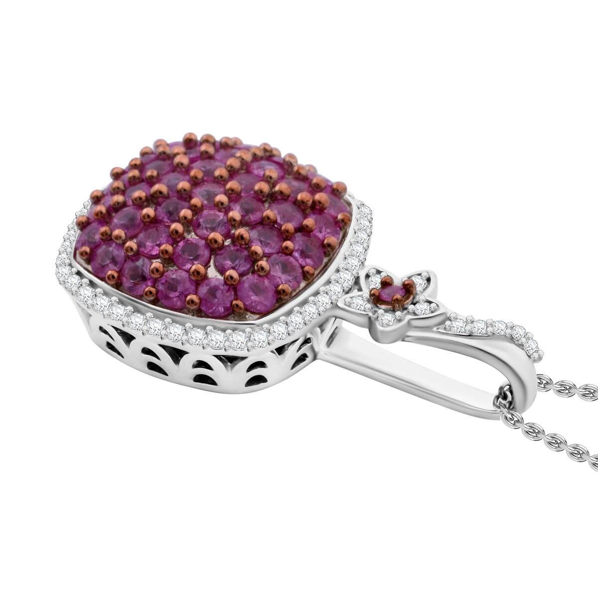 Madagascar Pink Sapphire and White Zircon 2.30 ctw Blush Blossom Pendant Necklace in Rhodium Over Sterling Silver 20 Inches image number 3