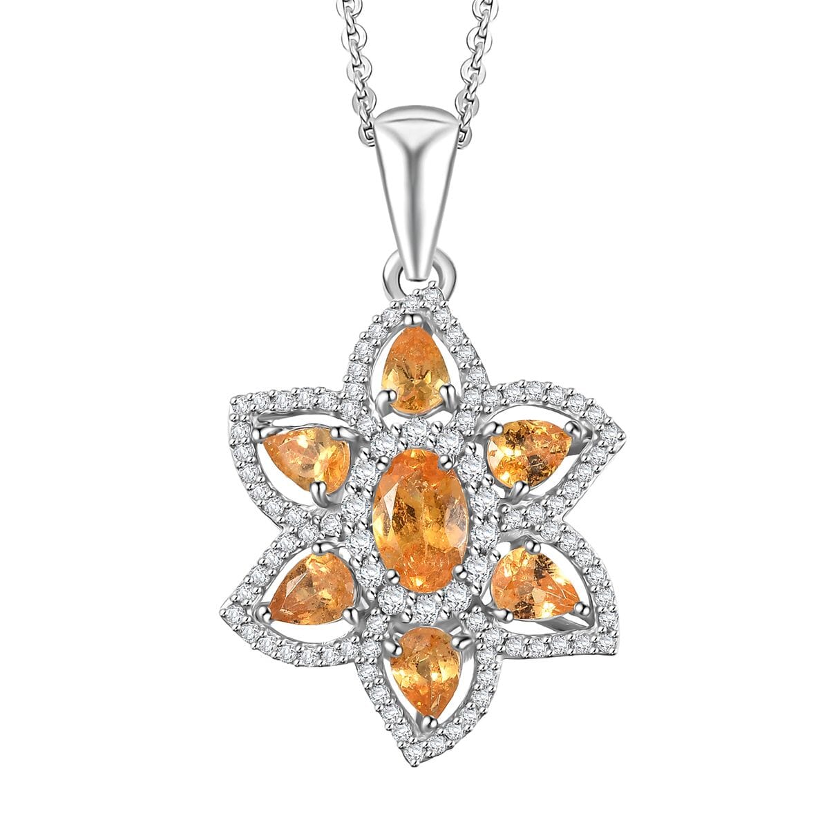 D'Joy Tanzanian Mandarin Garnet and Whtie Zircon 2.50 ctw Flora Flame Pendant Necklace in Rhodium Over Sterling Silver 20 Inches image number 0