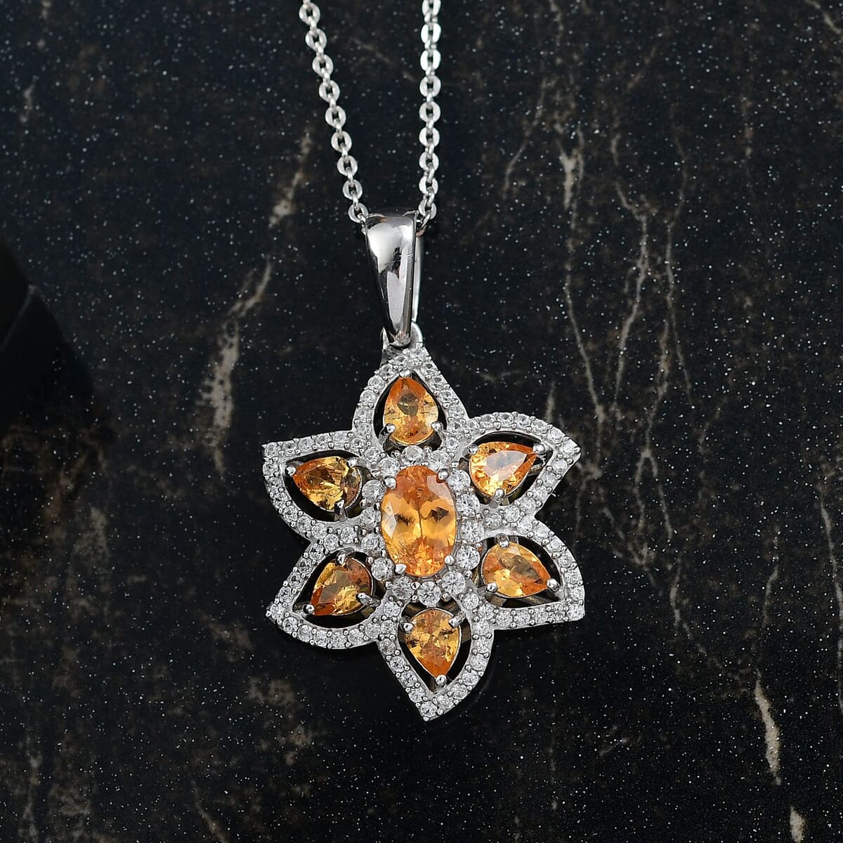 D'Joy Tanzanian Mandarin Garnet and Whtie Zircon 2.50 ctw Flora Flame Pendant Necklace in Rhodium Over Sterling Silver 20 Inches image number 1