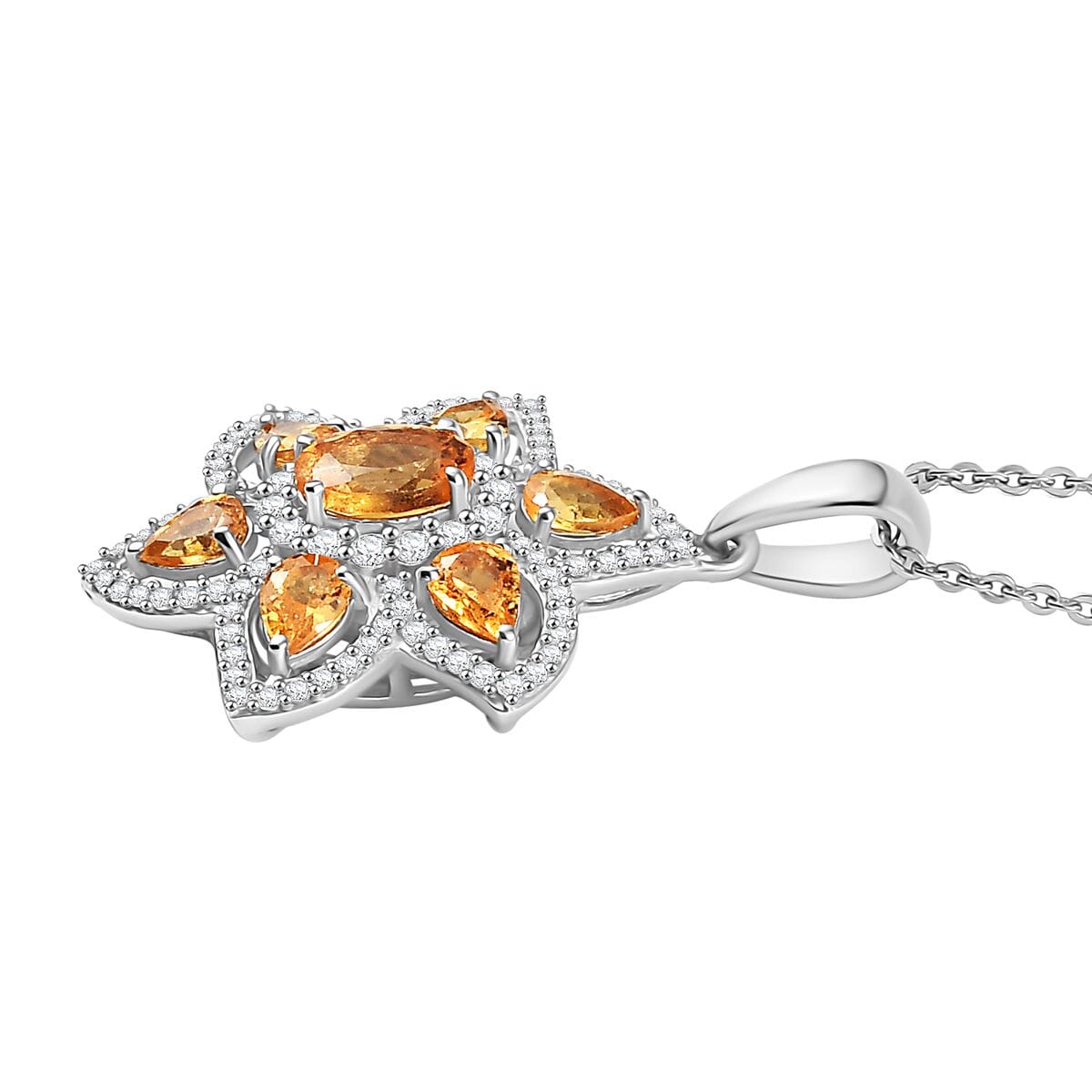 D'Joy Tanzanian Mandarin Garnet and Whtie Zircon 2.50 ctw Flora Flame Pendant Necklace in Rhodium Over Sterling Silver 20 Inches image number 3