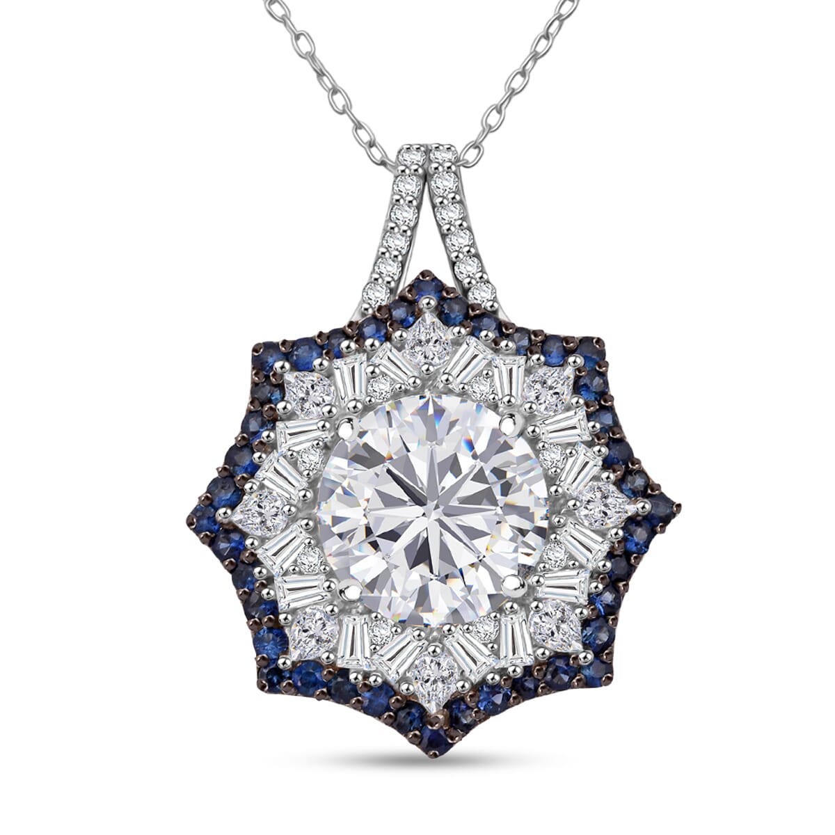 Heart and Arrow Cut Moissanite and Ceylon Sapphire 5.80 ctw Pendant Necklace in Rhodium Over Sterling Silver 20 Inches image number 0