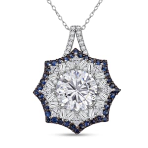 Heart and Arrow Cut Moissanite and Ceylon Sapphire 5.80 ctw Pendant Necklace in Rhodium Over Sterling Silver 20 Inches