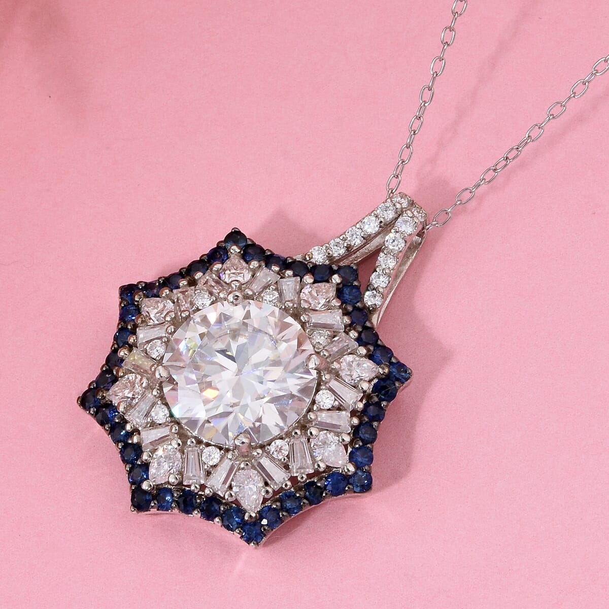 Heart and Arrow Cut Moissanite and Ceylon Sapphire 5.80 ctw Pendant Necklace in Rhodium Over Sterling Silver 20 Inches image number 1
