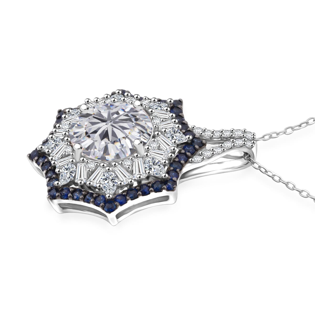 Heart and Arrow Cut Moissanite and Ceylon Sapphire 5.80 ctw Pendant Necklace in Rhodium Over Sterling Silver 20 Inches image number 3