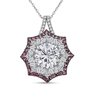 Heart and Arrow Cut Moissanite and Ouro Fino Rubellite 5.80 ctw Starflower Halo Pendant Necklace in Rhodium Over Sterling Silver 20 Inches