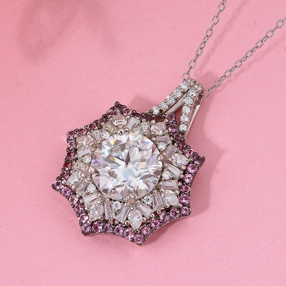 Heart and Arrow Cut Moissanite and Ouro Fino Rubellite 5.80 ctw Starflower Halo Pendant Necklace in Rhodium Over Sterling Silver 20 Inches image number 1