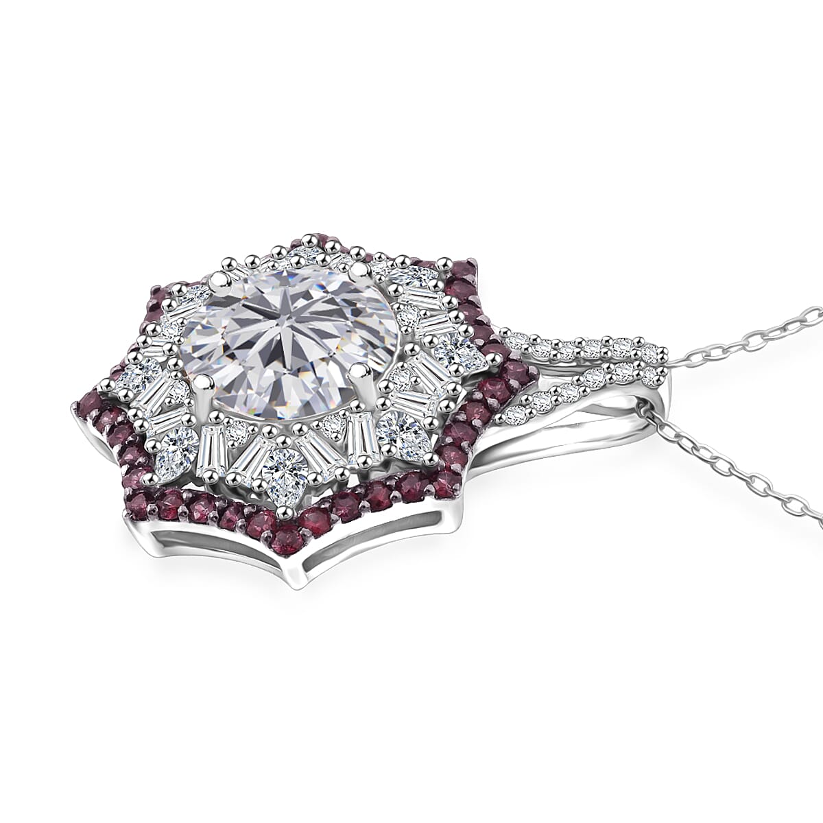 Heart and Arrow Cut Moissanite and Ouro Fino Rubellite 5.80 ctw Starflower Halo Pendant Necklace in Rhodium Over Sterling Silver 20 Inches image number 3