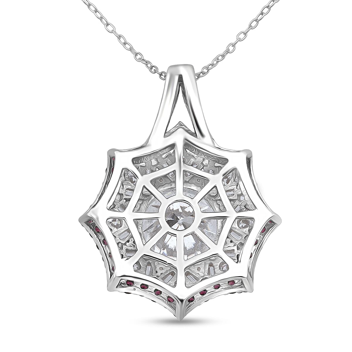 Heart and Arrow Cut Moissanite and Ouro Fino Rubellite 5.80 ctw Starflower Halo Pendant Necklace in Rhodium Over Sterling Silver 20 Inches image number 4