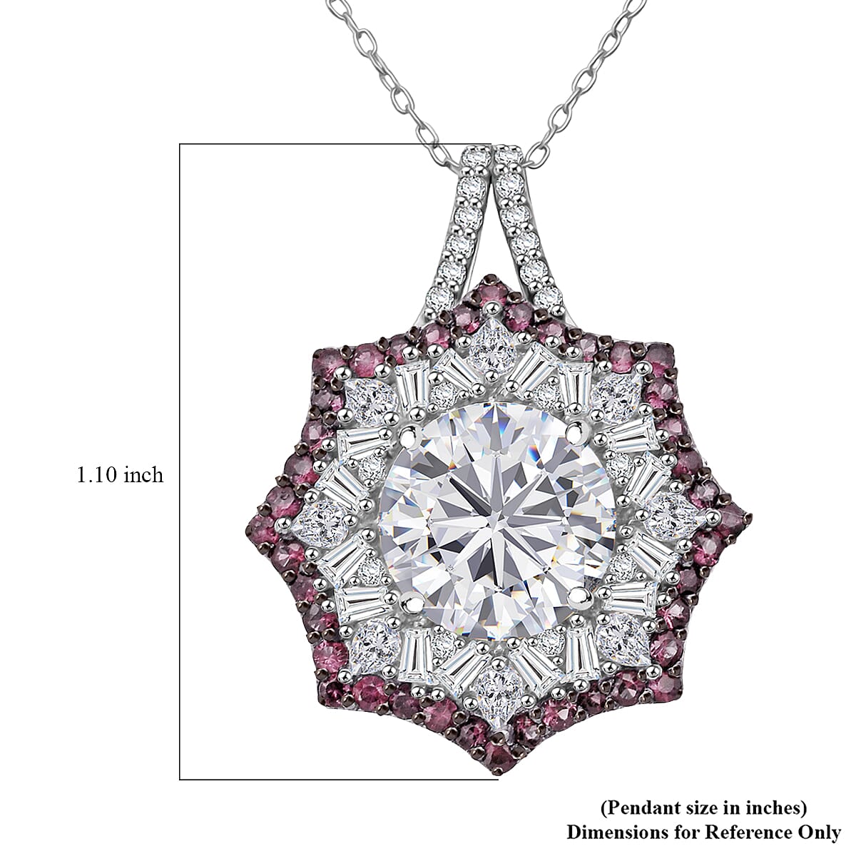 Heart and Arrow Cut Moissanite and Ouro Fino Rubellite 5.80 ctw Starflower Halo Pendant Necklace in Rhodium Over Sterling Silver 20 Inches image number 6