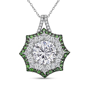 Heart and Arrow Cut Moissanite and Tsavorite Garnet 5.80 ctw Starflower Halo Pendant Necklace in Rhodium Over Sterling Silver 20 Inches
