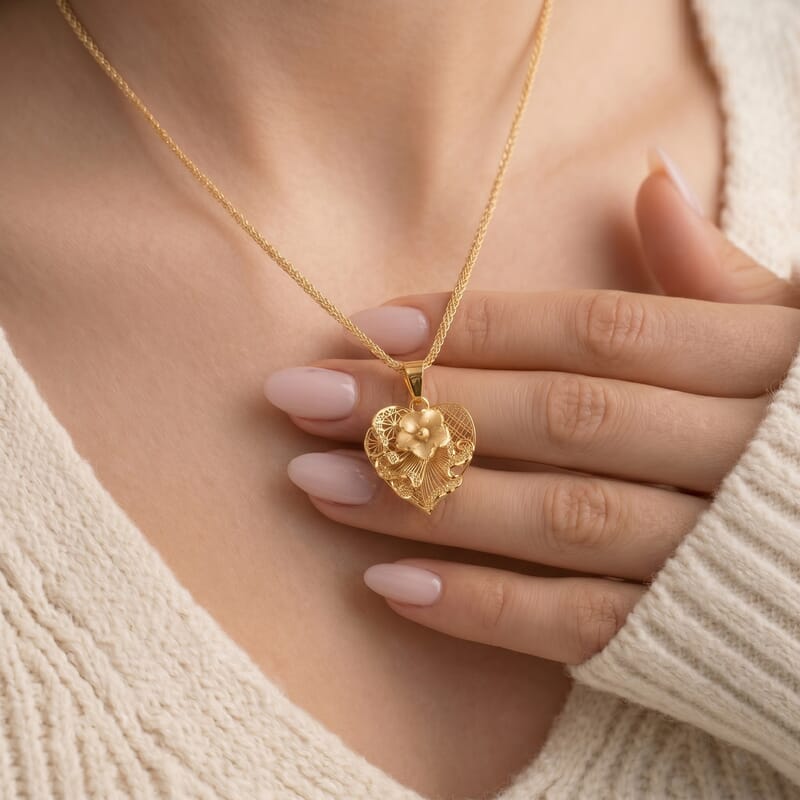 Blossom Heart Pendant Necklace in 10K Yellow Gold 20 Inches 3 Grams