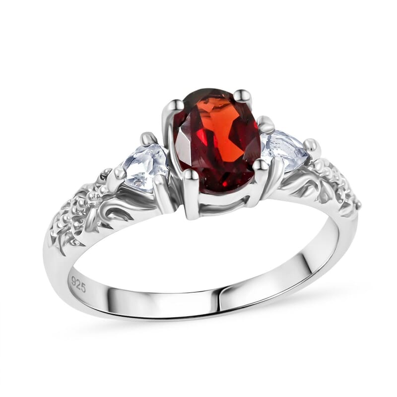 Mozambique Garnet, White Topaz 16.50 ctw Bracelet (7.0-8.50In), Ring (Size 6.0), Stud Earrings and Pendant without Chain in Rhodium Over Sterling Silver