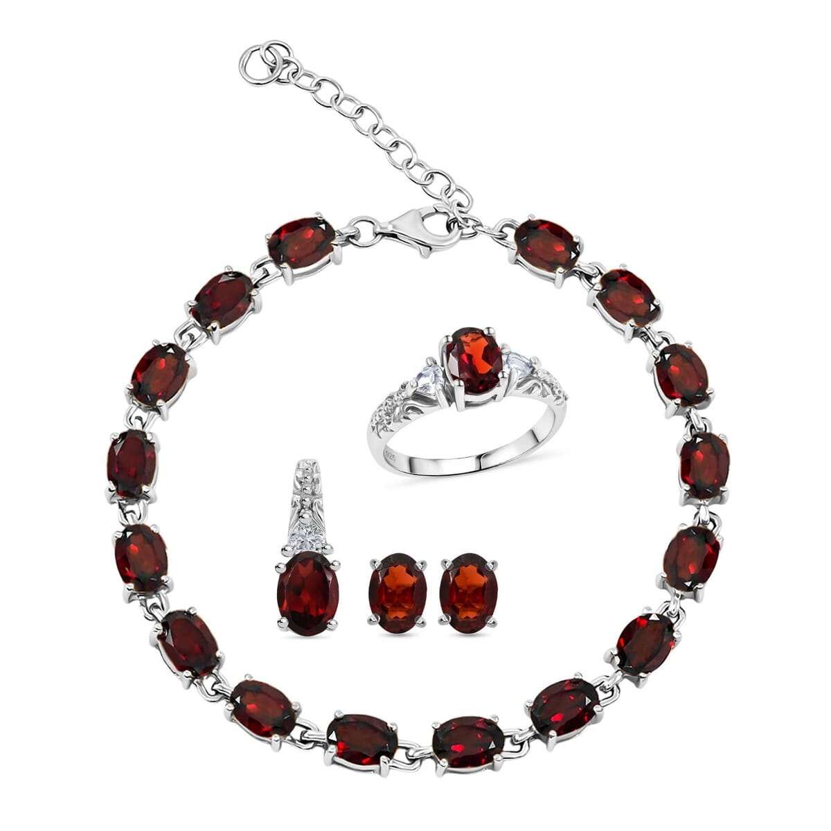Mozambique Garnet, White Topaz 16.50 ctw Bracelet (7.0-8.50In), Ring (Size 10.0), Stud Earrings and Pendant in Rhodium Over Sterling Silver  image number 0