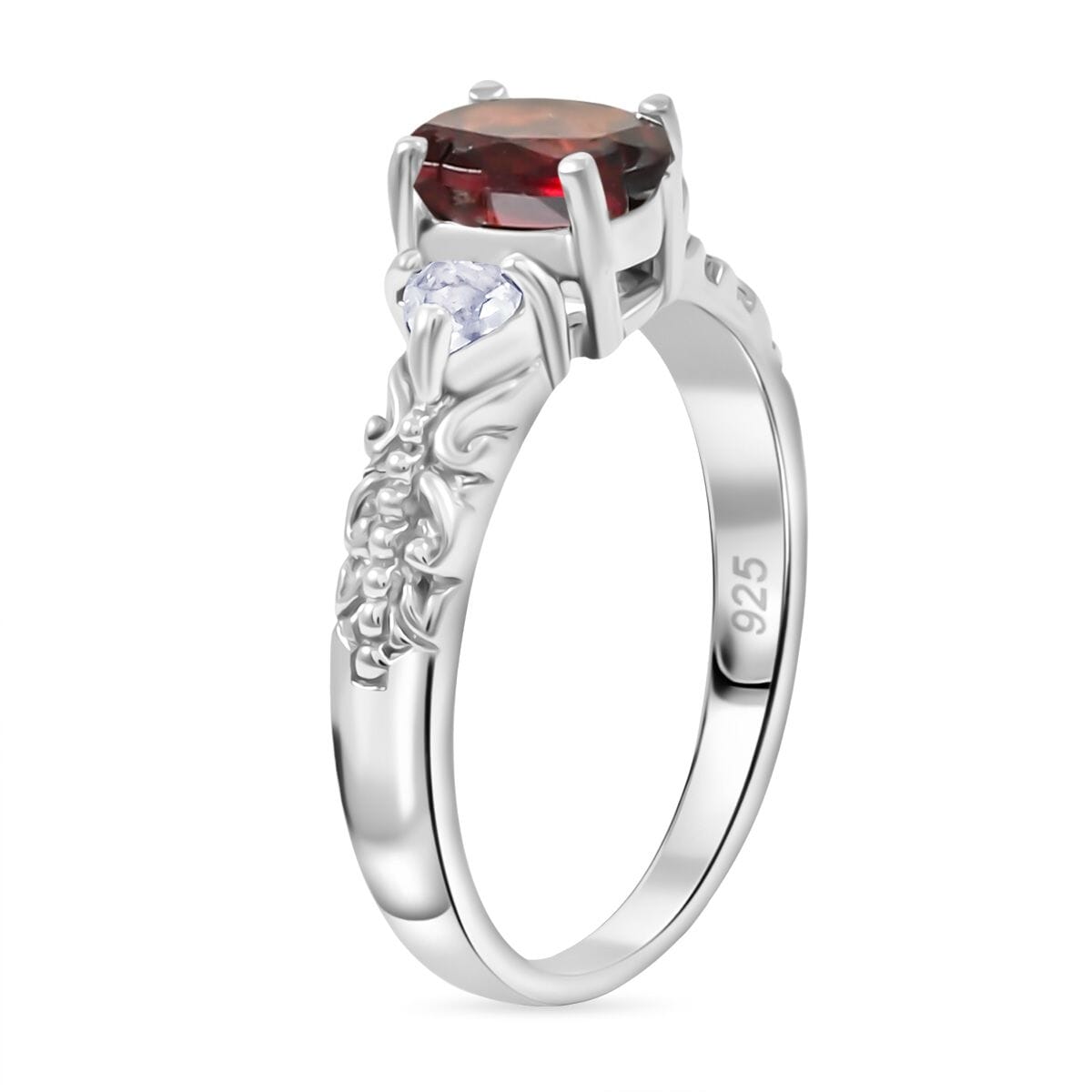 Mozambique Garnet, White Topaz 16.50 ctw Bracelet (7.0-8.50In), Ring (Size 10.0), Stud Earrings and Pendant in Rhodium Over Sterling Silver  image number 2