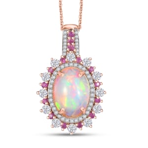 D'Joy Premium Ethiopian Welo Opal and Multi Gemstone 5.40 ctw Cherry Blossom Pendant Necklace in 18K Vermeil Rose Gold Over Sterling Silver 20 Inches